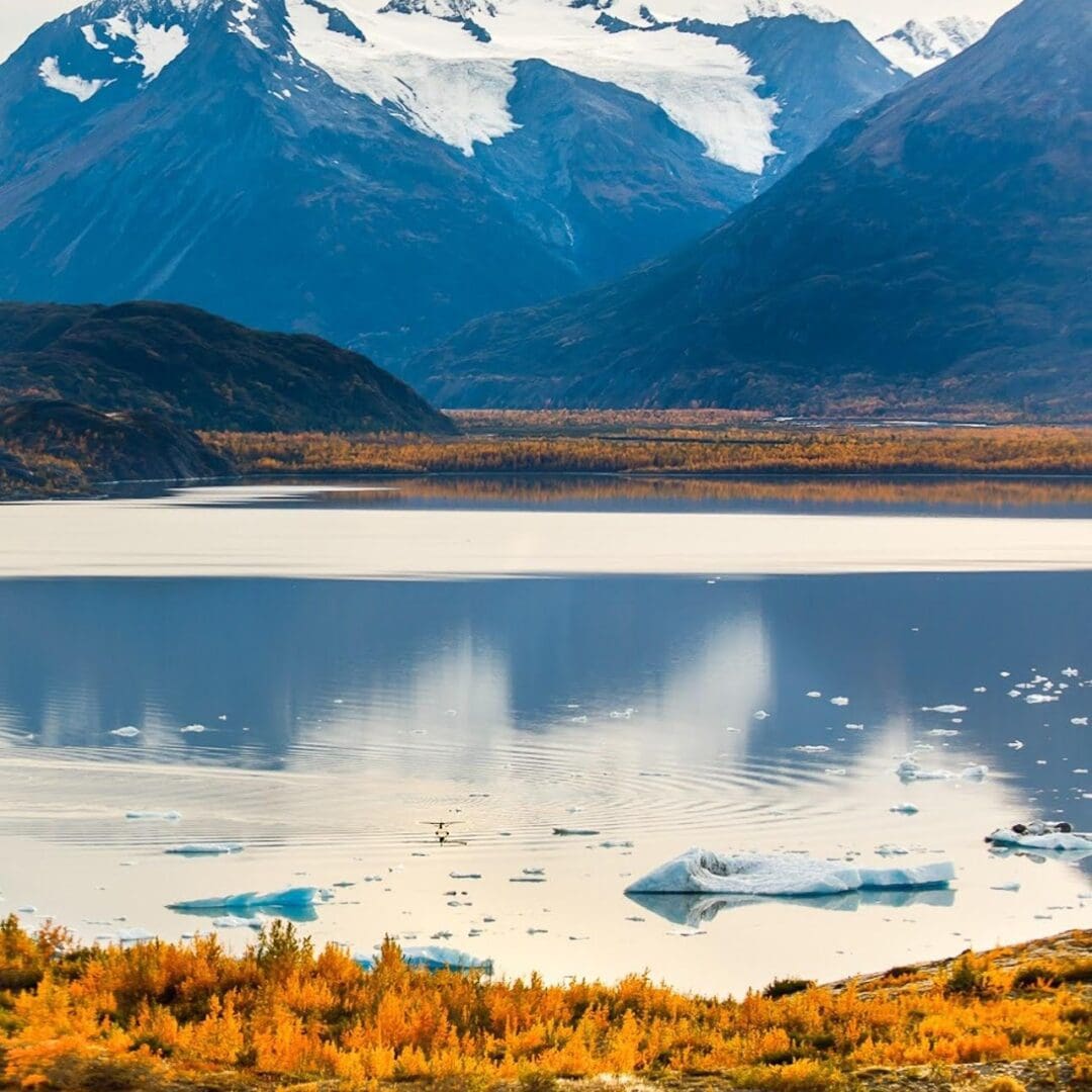 Mountain lake with icebergs and autumn foliage.