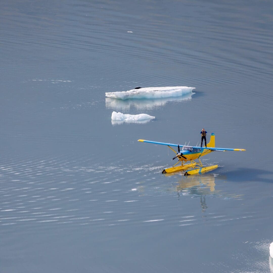 Seaplane on water near floating ice.