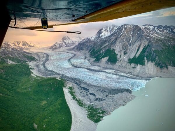 Aerial view of glacier and mountains landscape.