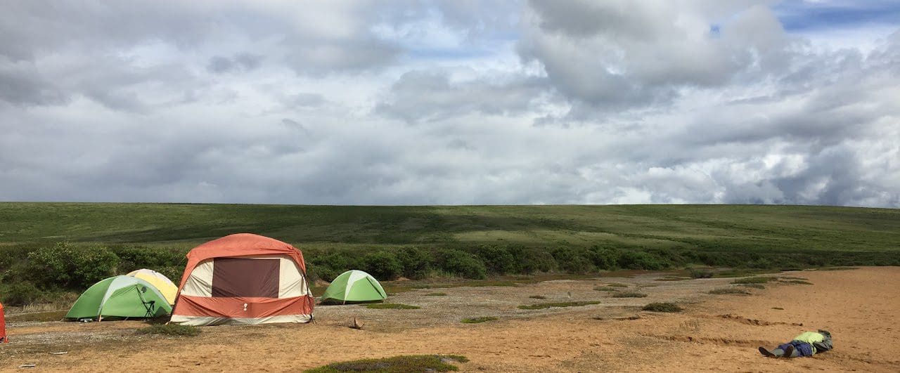 Camping tents on a grassy landscape.